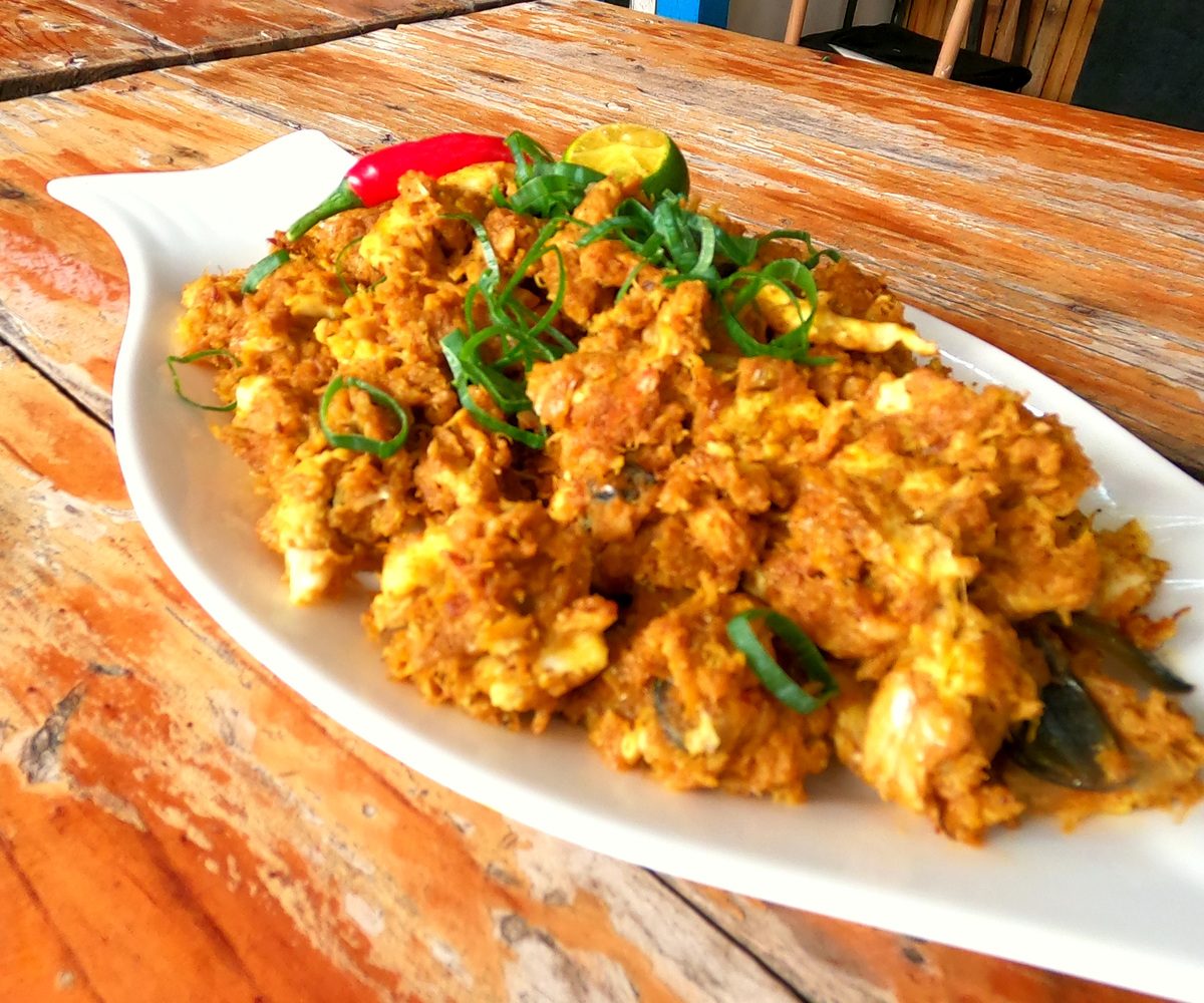 Curry Crab Scramble — crab meat folded through soft curry eggs